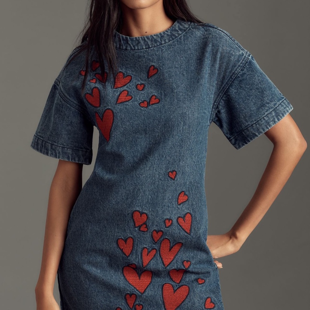 Anthropologie Blue Denim Dress with Red Heart Accents